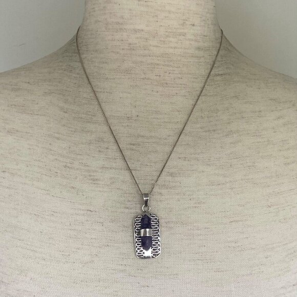 Sterling Silver 925 Double Point Amethyst Snake Scrollwork Pendant Necklace 18" - Picture 2 of 16